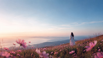 粉色花海与晨曦