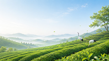 翠绿茶园与飞鹤