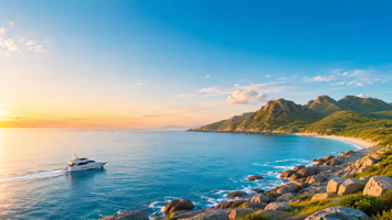 宁静的海岸景观与夕阳