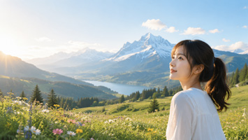 静谧山谷中的远眺女子