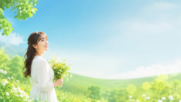 春日田野的微笑女孩