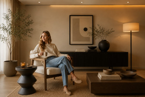 A modern, minimalist, and cozy corner of the living room
