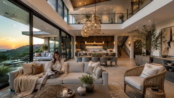 A modern, cozy open-plan living room and kitchen.