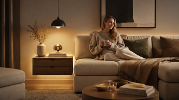 Cozy, modern living room atmosphere