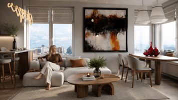 Living room of a modern, cozy city apartment