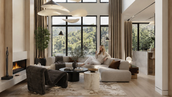 A peaceful moment in a spacious, modern minimalist living room.
