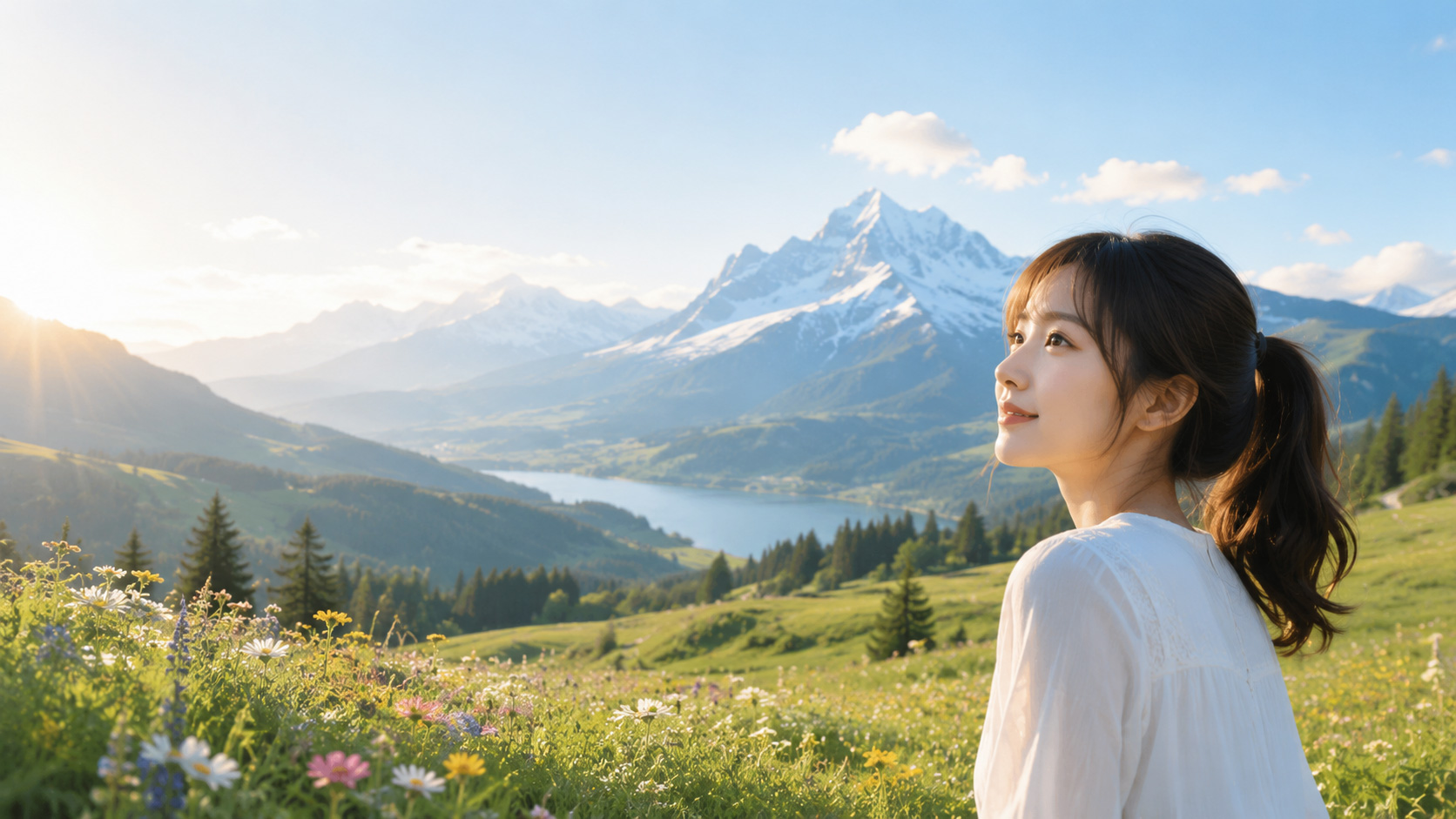 静谧山谷中的远眺女子