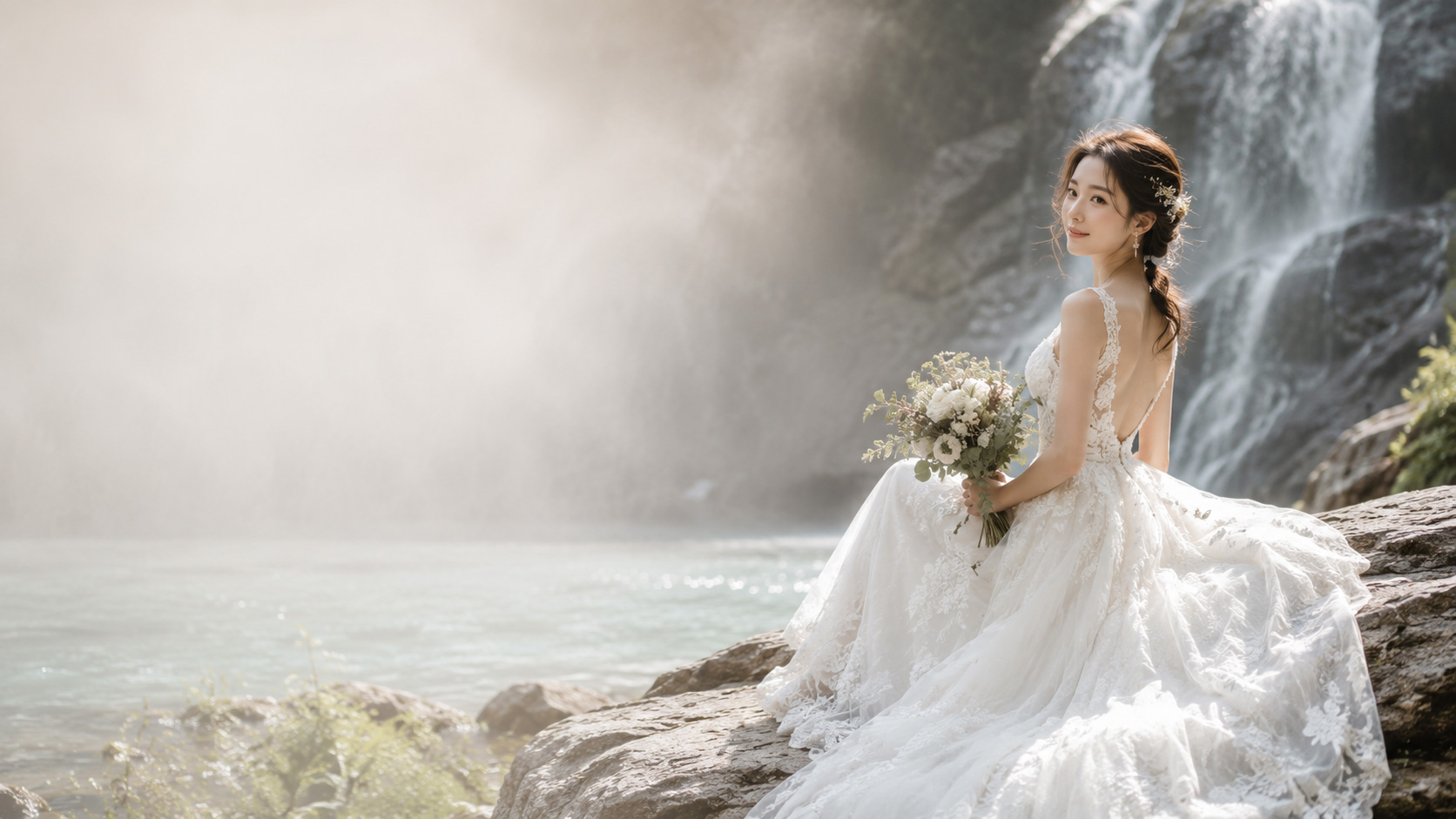 梦幻瀑布中的婚纱写真
