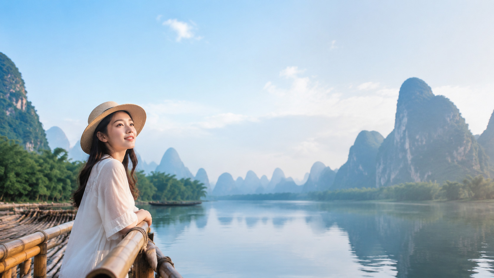 清晨的水面与远山